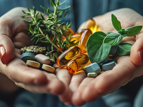 Zwei Hände, in denen Kräuter und pflanzliche Antibiotika liegen